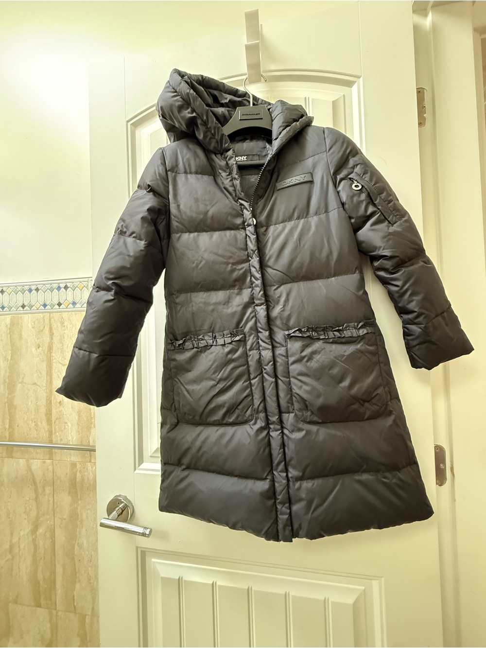 DKNY Girls' Black Long Puffer Coat with Hood- size M
